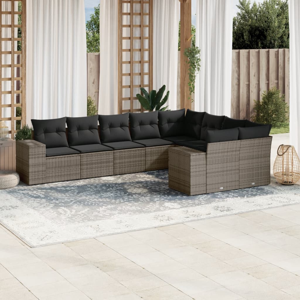 vidaXL 9-delige Loungeset met kussens poly rattan grijs