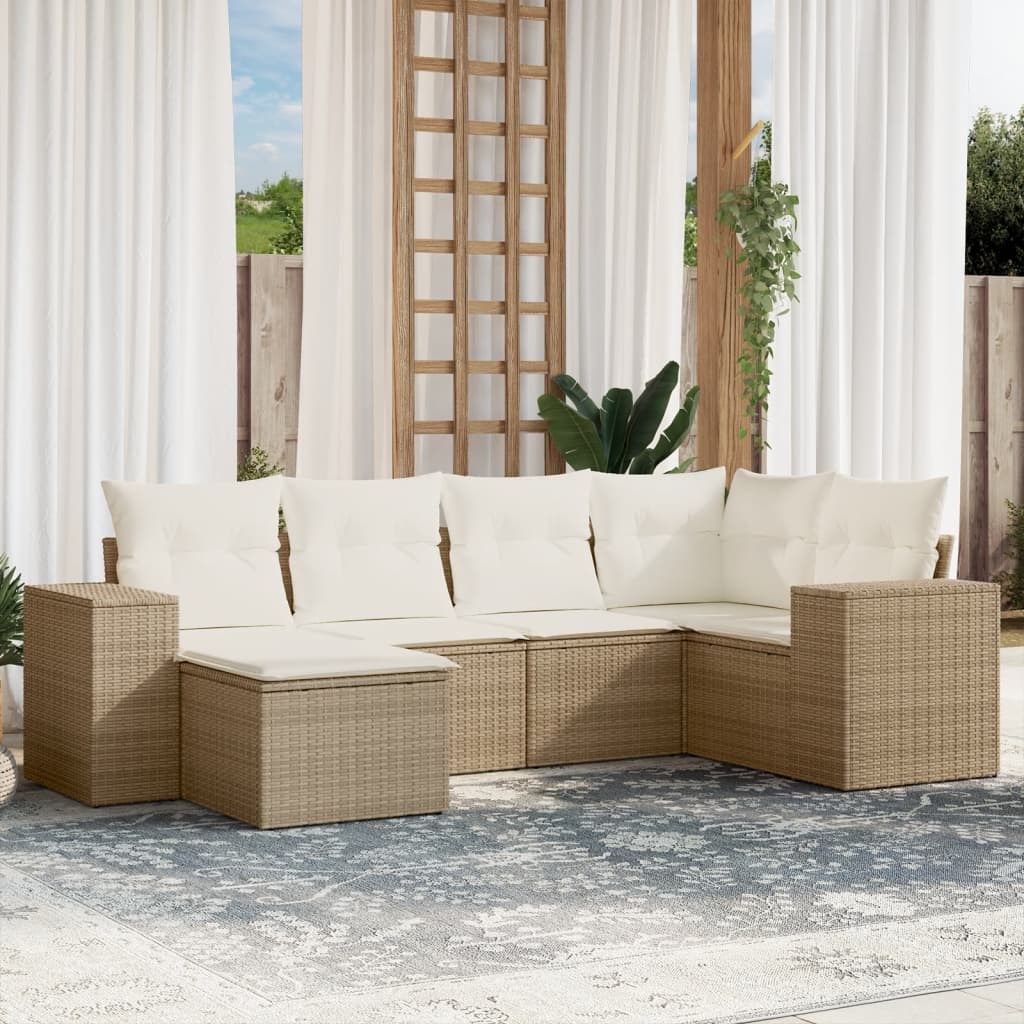 vidaXL 6-delige Loungeset met kussens poly rattan beige