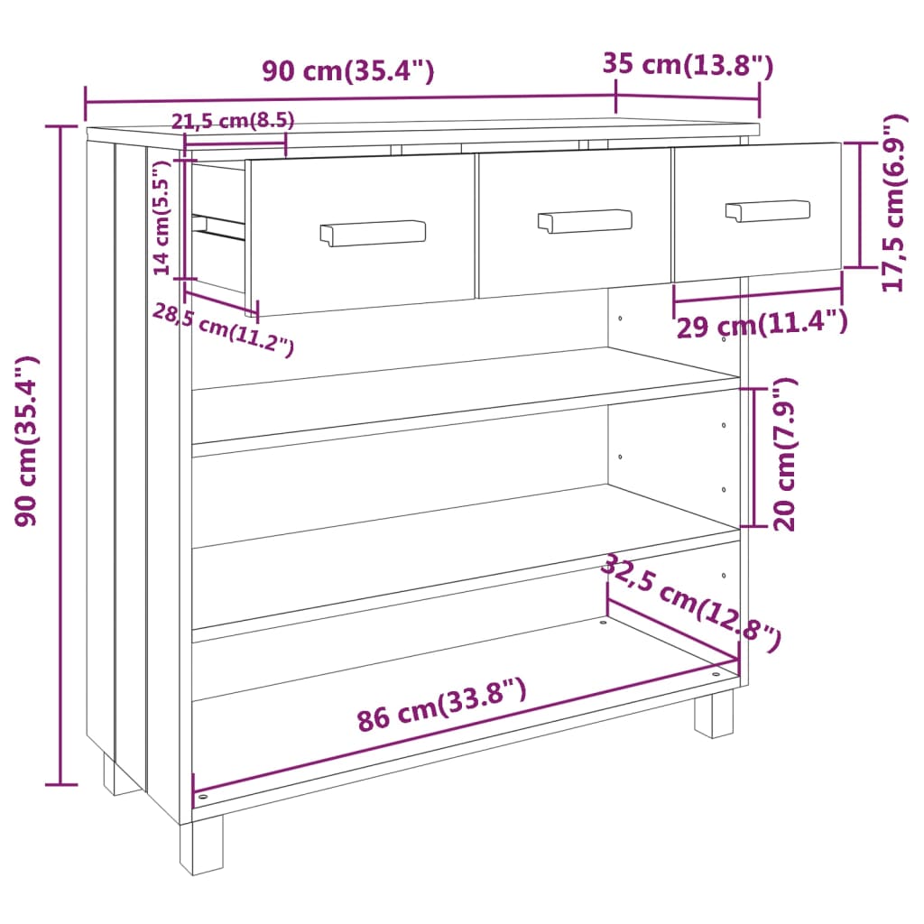 vidaXL Wandtafel HAMAR 90x35x90 cm massief grenenhout lichtgrijs