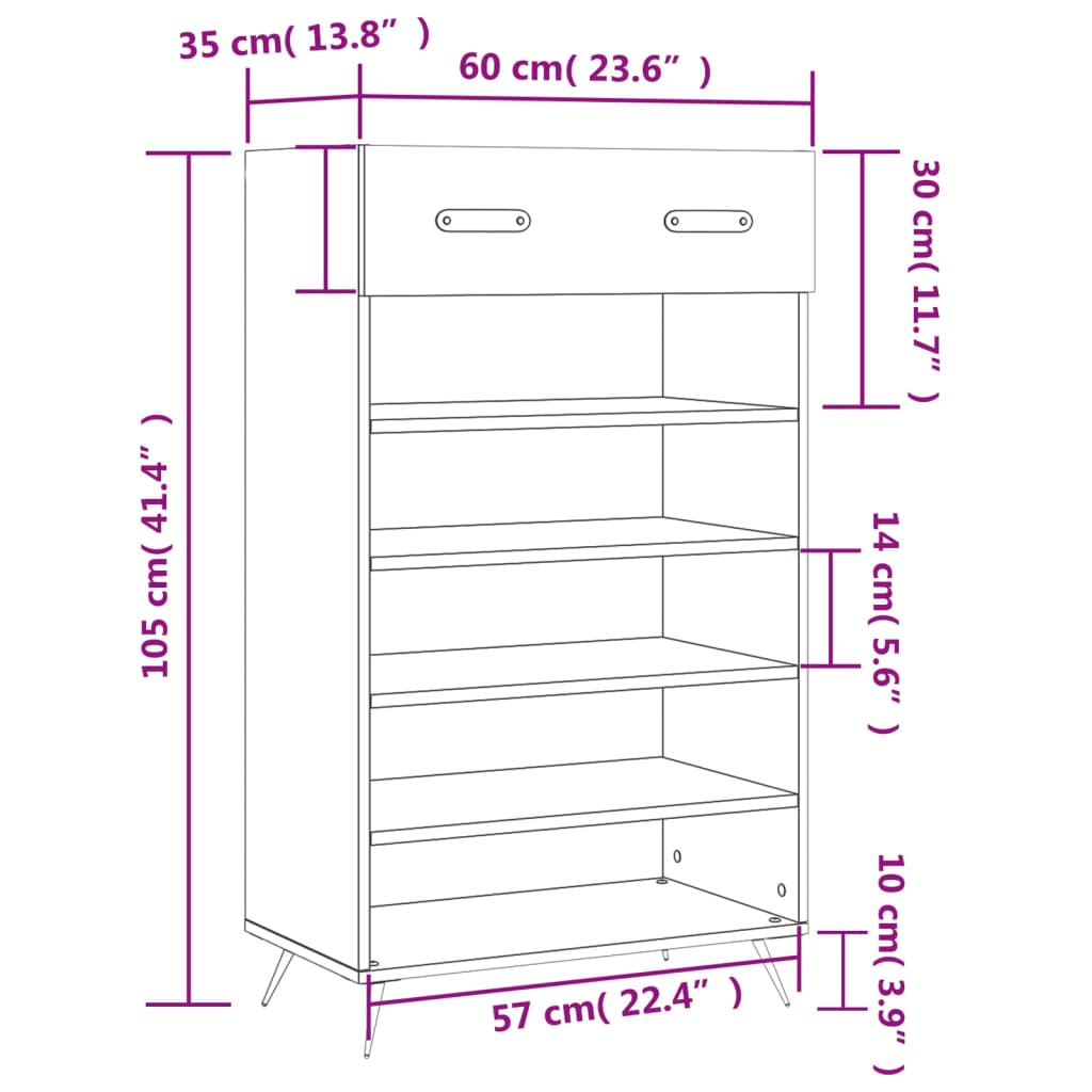 vidaXL Schoenenkast 60x35x105 cm bewerkt hout hoogglans wit