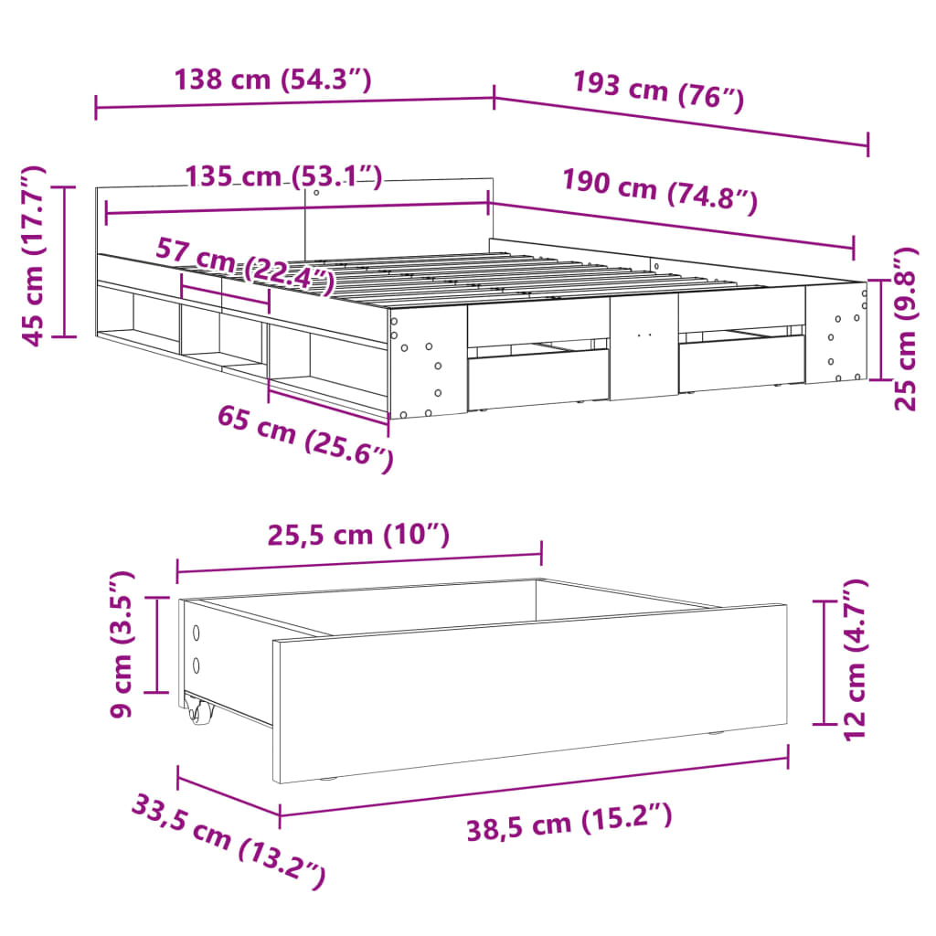 vidaXL Bedframe met lades bewerkt hout bruin eikenkleurig 135x190 cm