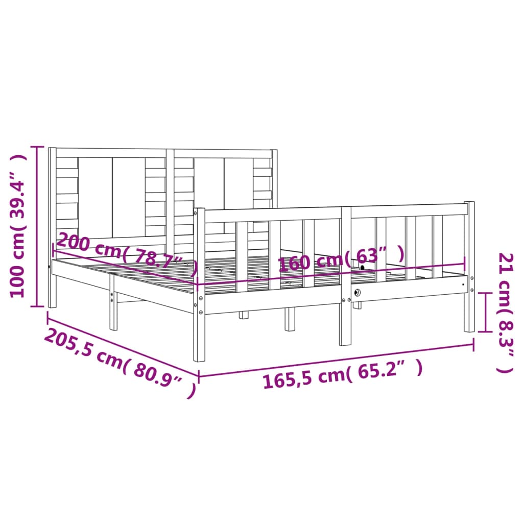 vidaXL Bedframe met hoofdbord massief hout wit 160x200 cm