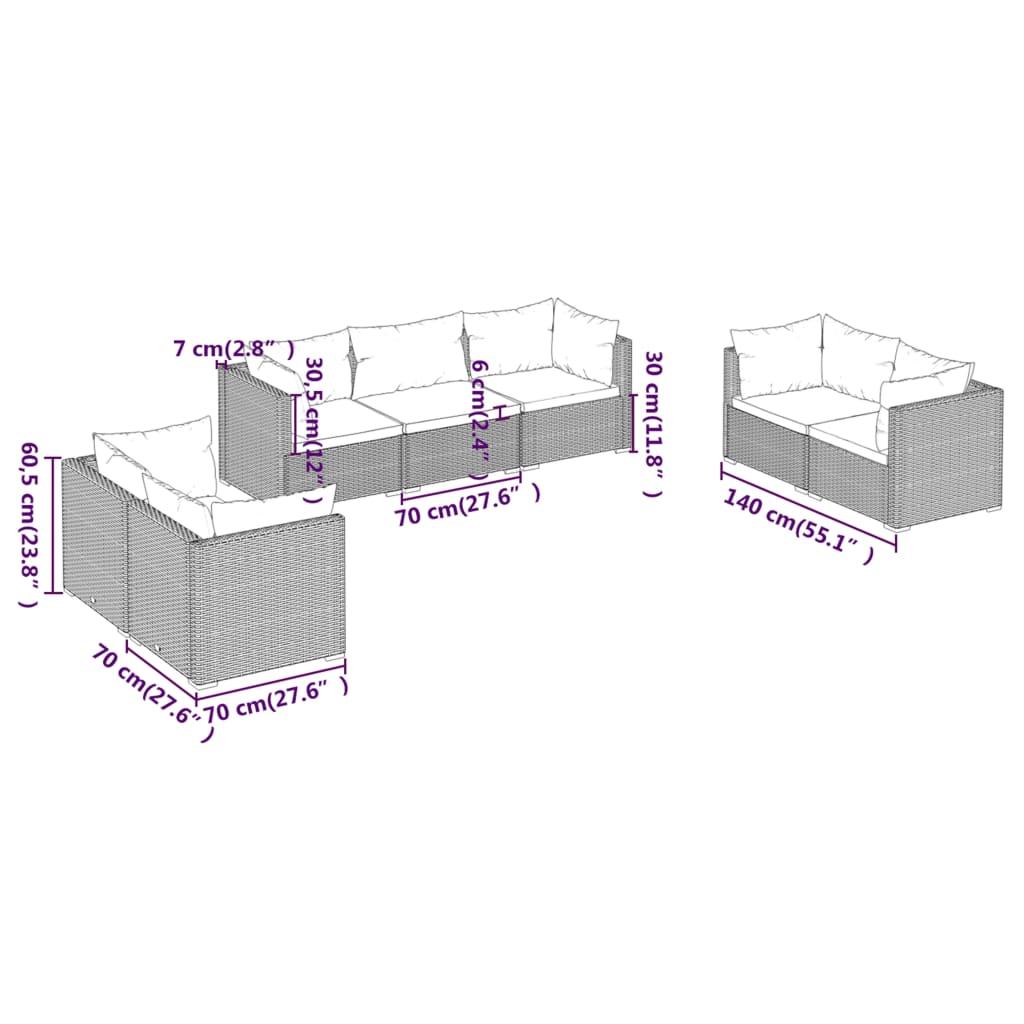 vidaXL 7-delige Loungeset met kussens poly rattan bruin