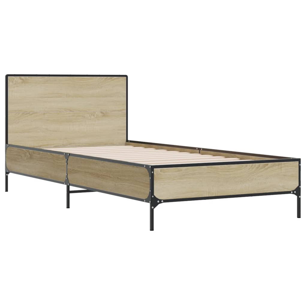 vidaXL Bedframe bewerkt hout en metaal sonoma eikenkleurig 75x190 cm