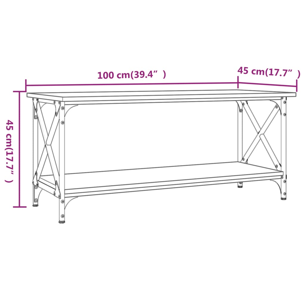 vidaXL Salontafel 100x45x45 cm bewerkt hout en ijzer bruin eikenkleur