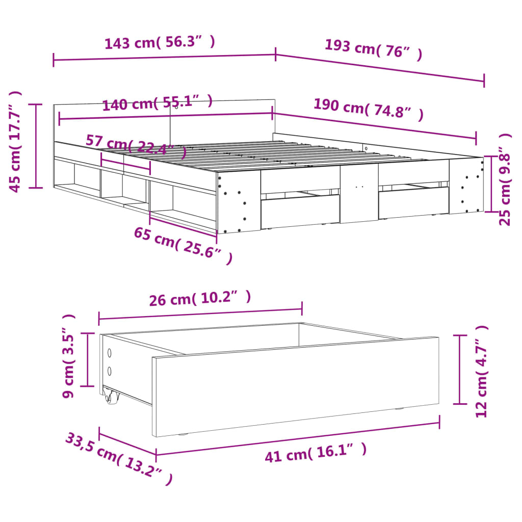 vidaXL Bedframe met lades bewerkt hout grijs sonoma eiken 140x190 cm