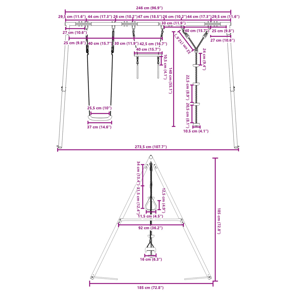 vidaXL Schommelset met schommel, trapeze en klimtouw met schijven