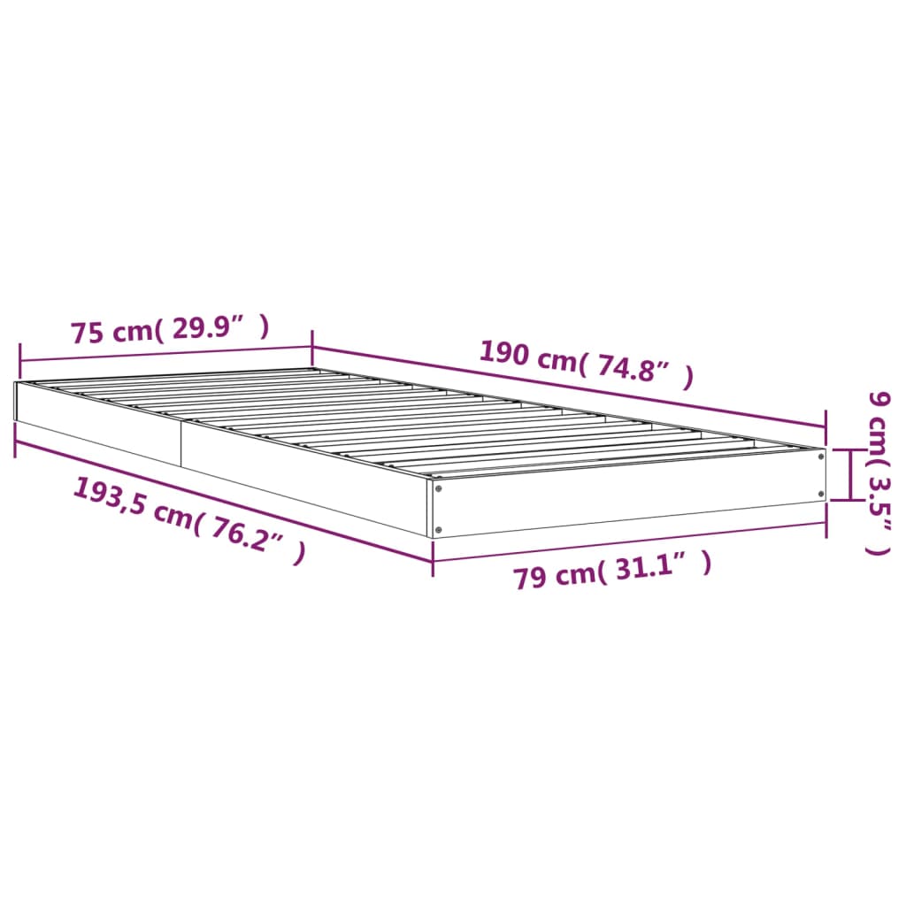 vidaXL Bedframe massief hout grijs 75x190 cm