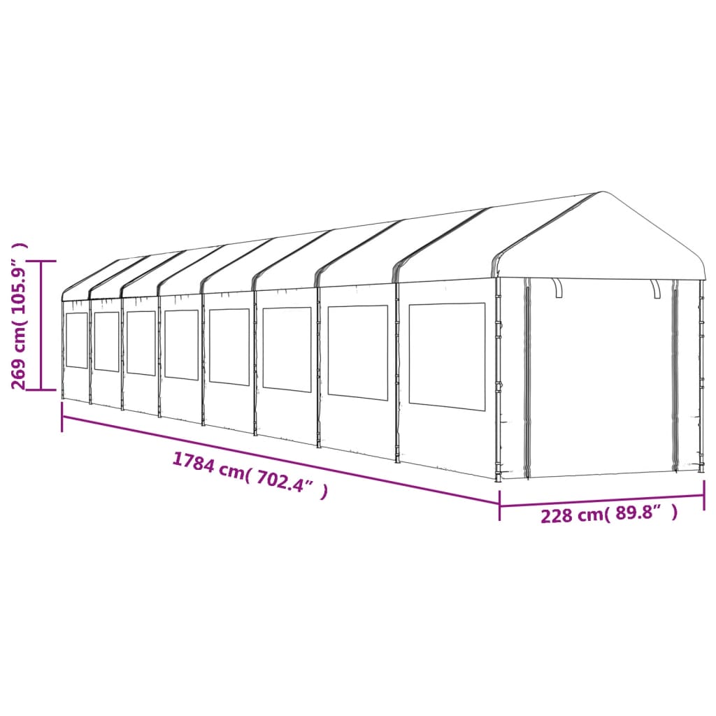 vidaXL Prieel met dak 17,84x2,28x2,69 m polyetheen wit