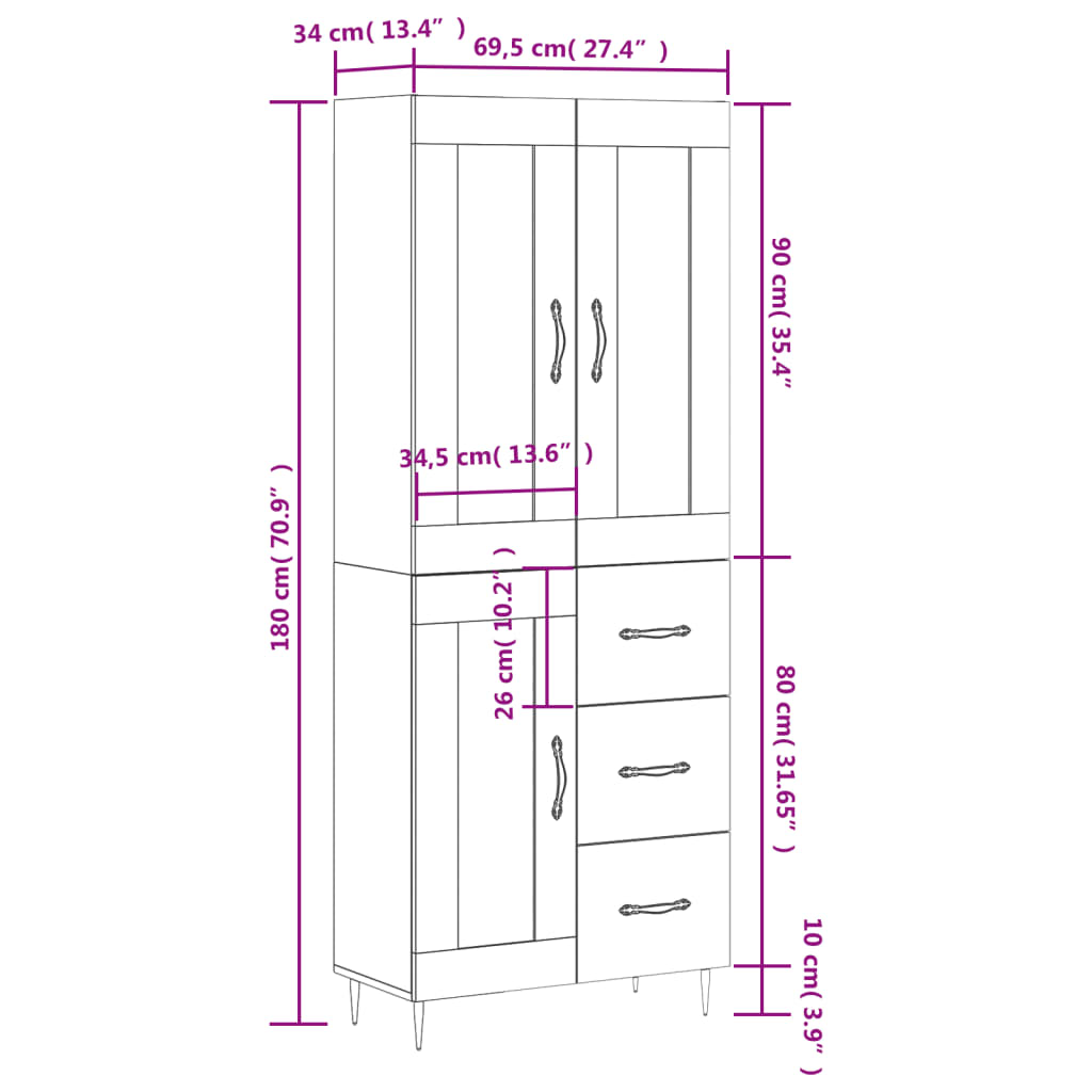 vidaXL Hoge kast 69,5x34x180 cm bewerkt hout hoogglans wit