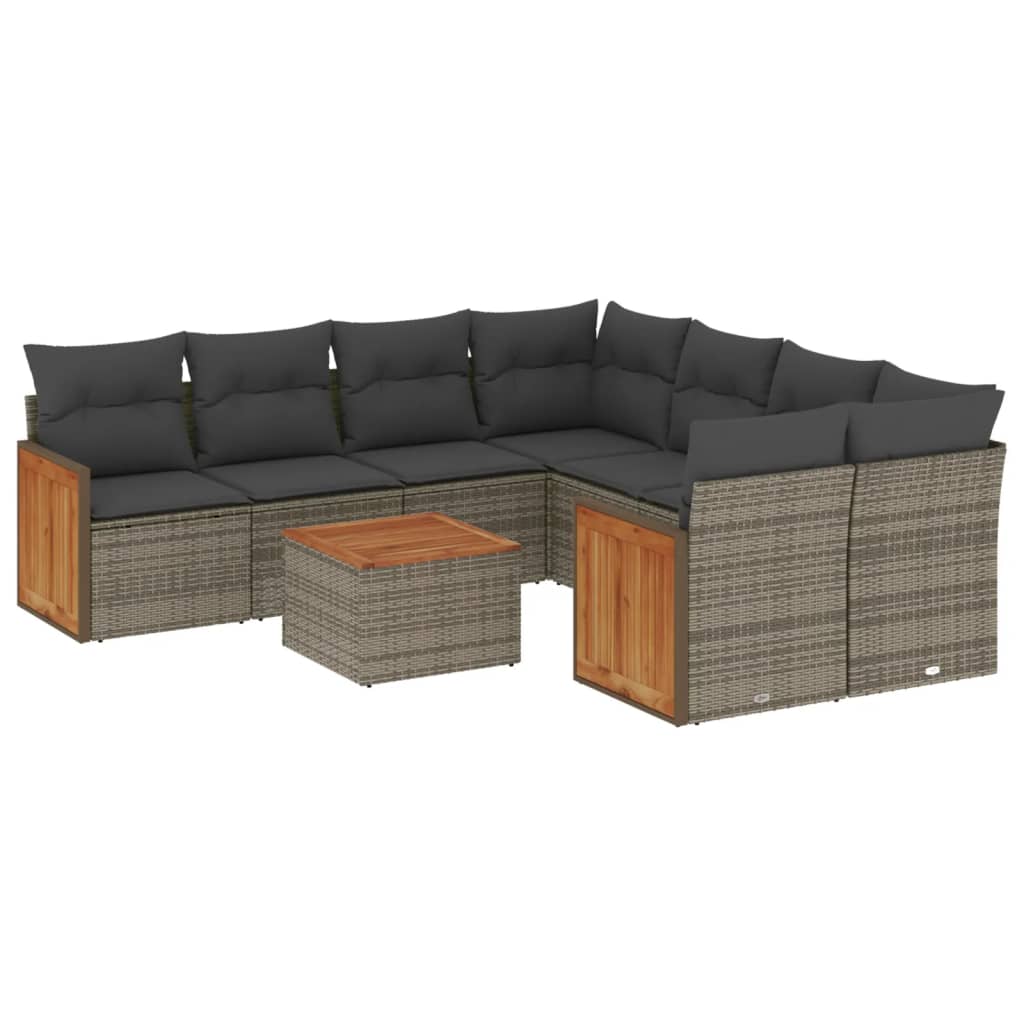 vidaXL 9-delige Loungeset met kussens poly rattan grijs