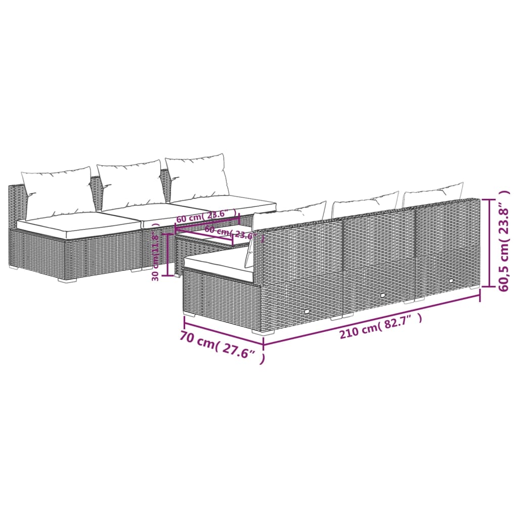 vidaXL 7-delige Loungeset met kussens poly rattan bruin