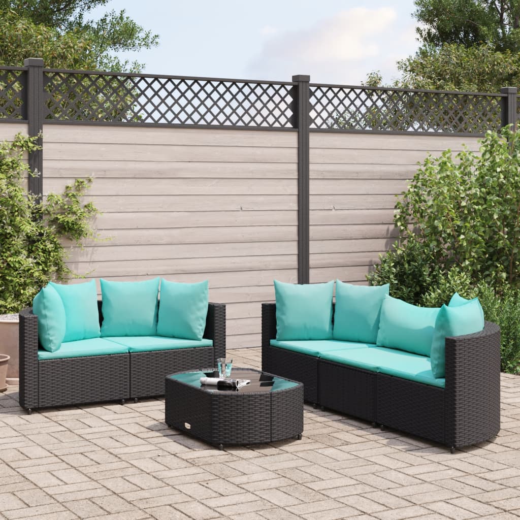 vidaXL 6-delige Loungeset met kussens poly rattan zwart