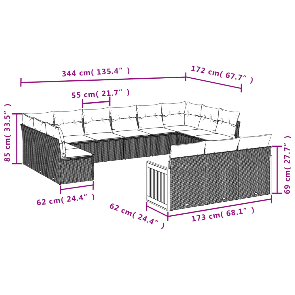 vidaXL 13-delige Loungeset met kussens poly rattan beige