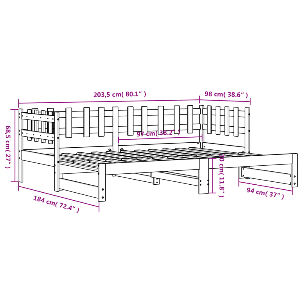 vidaXL Slaapbank uitschuifbaar massief grenenhout zwart 2x(90x200) cm