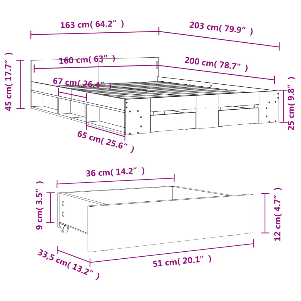 vidaXL Bedframe met lades bewerkt hout grijs sonoma eiken 160x200 cm