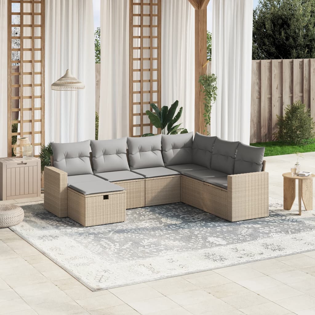 vidaXL 7-delige Loungeset met kussens poly rattan gemengd beige