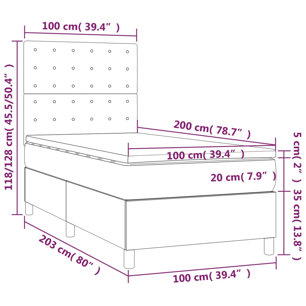 vidaXL Boxspring met matras en LED fluweel donkergrijs 100x200 cm