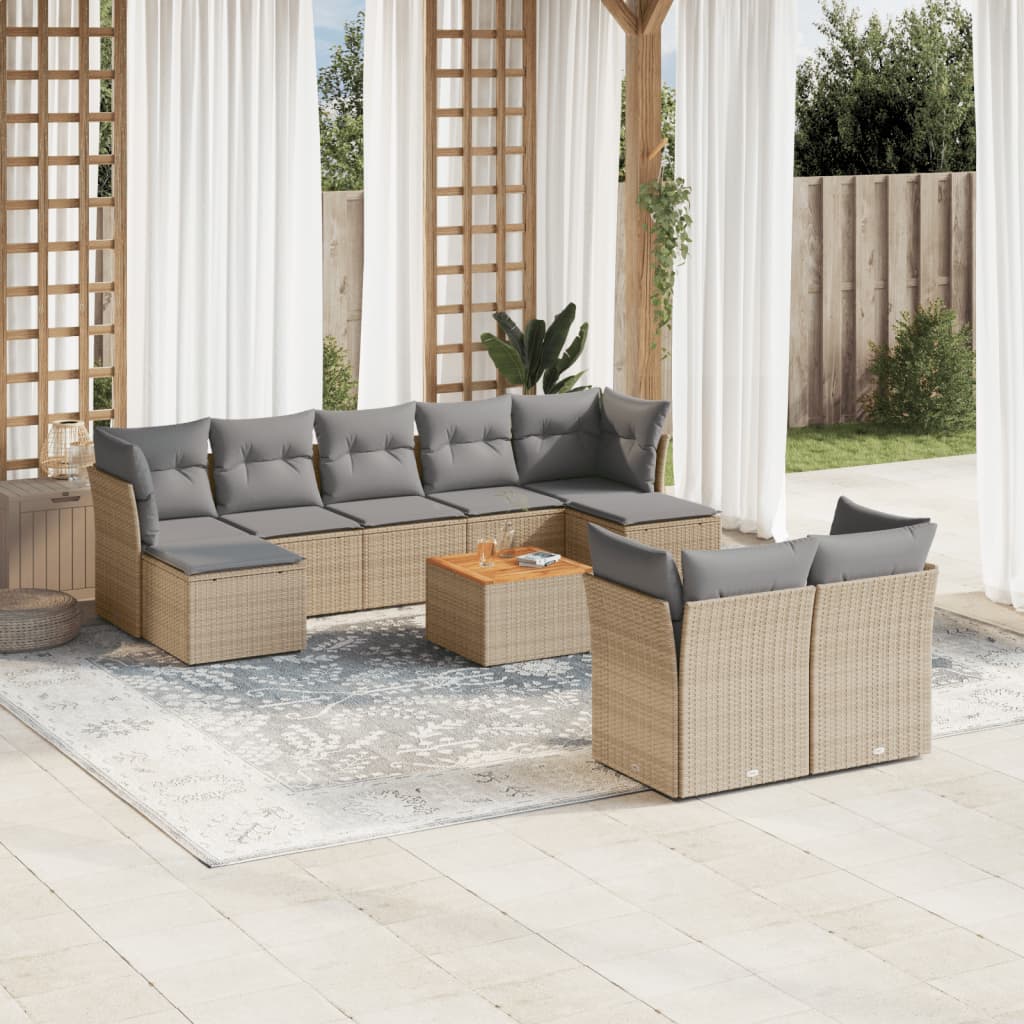 vidaXL 10-delige Loungeset met kussens poly rattan beige