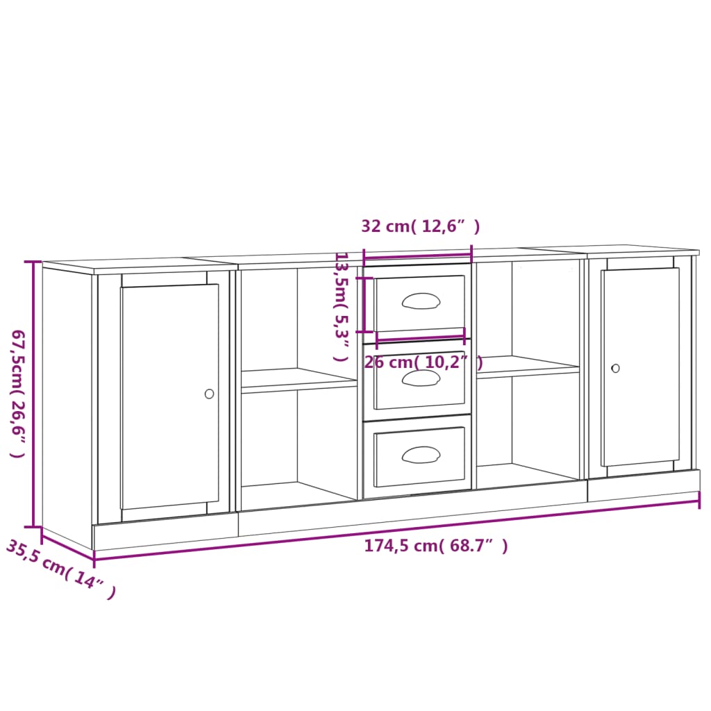 vidaXL Dressoirs 3 st bewerkt hout wit