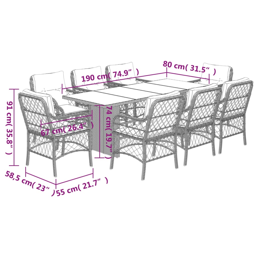 vidaXL 9-delige Tuinset met kussens poly rattan bruin