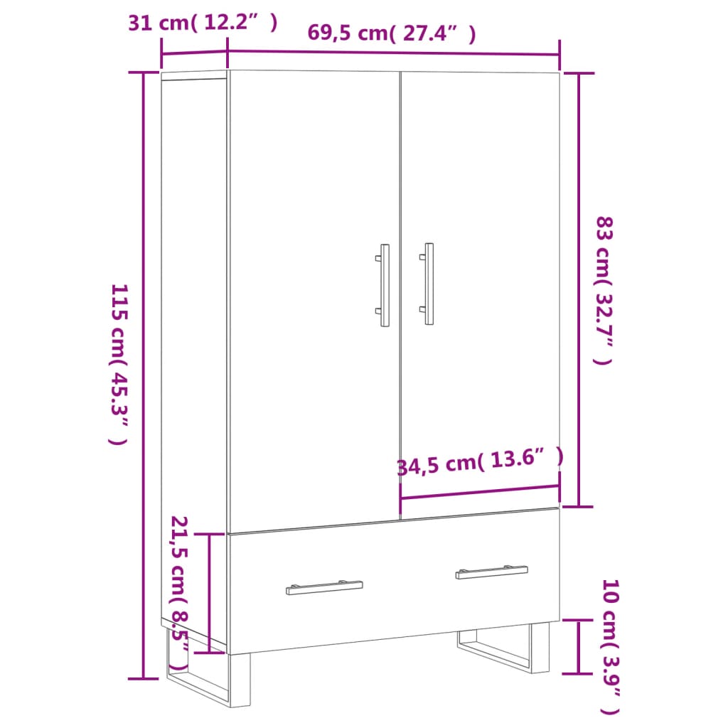 vidaXL Hoge kast 69,5x31x115 cm bewerkt hout grijs sonoma eikenkleurig