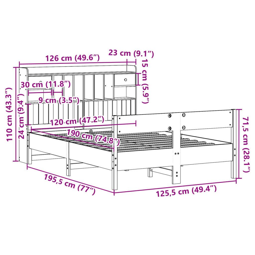 vidaXL Bed met boekenkast zonder matras grenenhout wit 120x190 cm