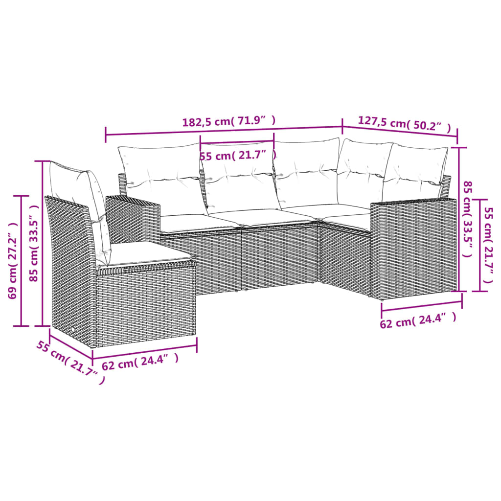 vidaXL 5-delige Loungeset met kussens poly rattan bruin