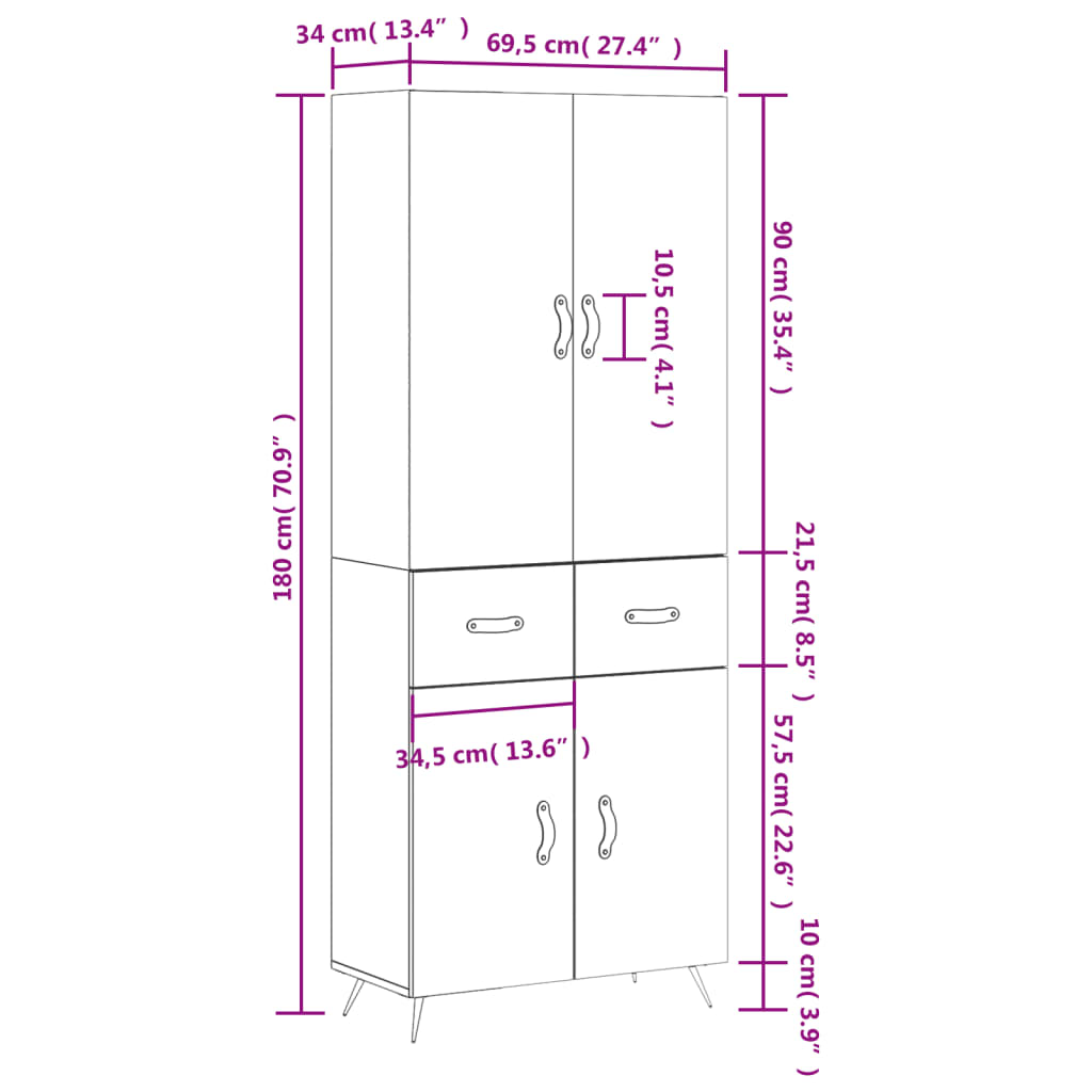 vidaXL Hoge kast 69,5x34x180 cm bewerkt hout betongrijs