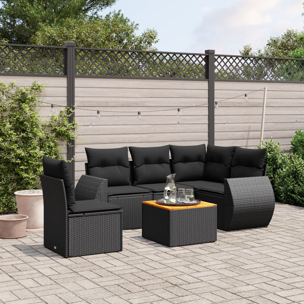 vidaXL 6-delige Loungeset met kussens poly rattan zwart