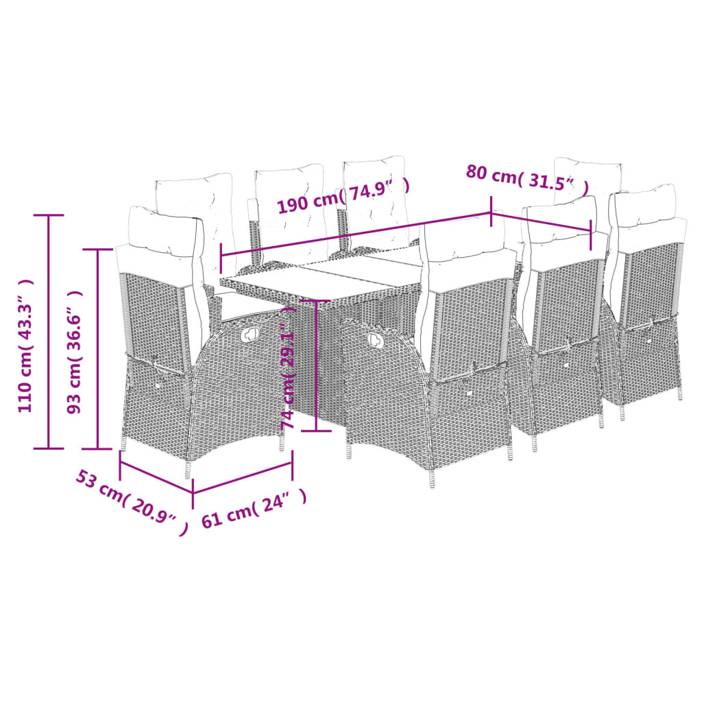 vidaXL 9-delige Tuinset met kussens poly rattan grijs