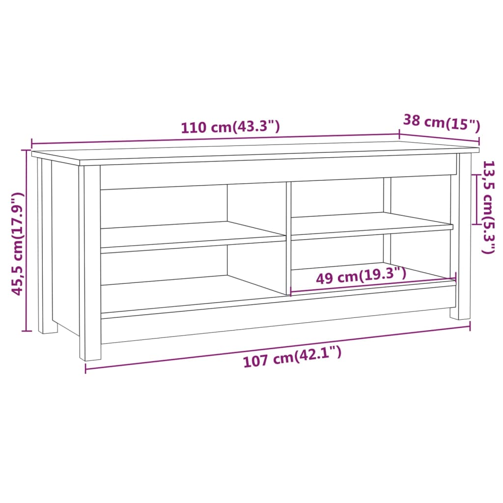 vidaXL Schoenenbank 110x38x45,5 cm massief grenenhout zwart