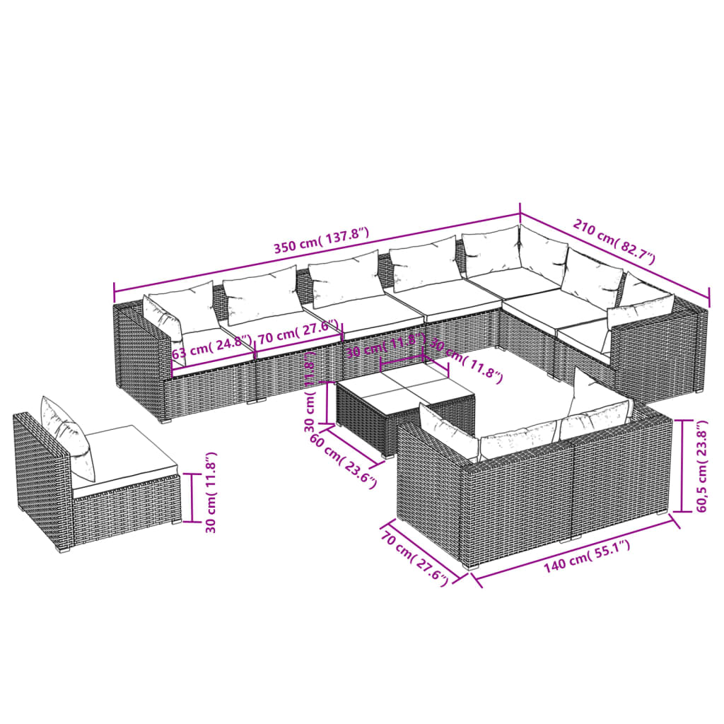 vidaXL 11-delige Loungeset met kussens poly rattan grijs