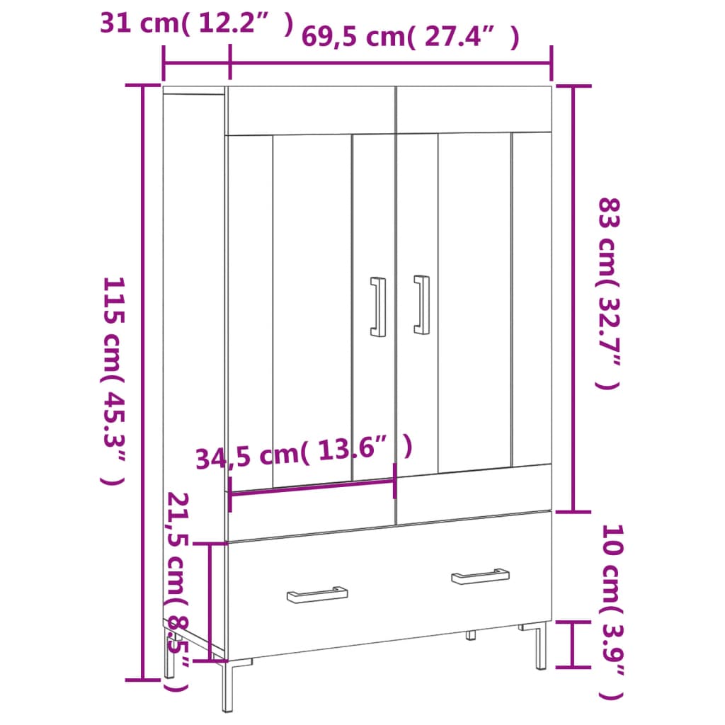 vidaXL Hoge kast 69,5x31x115 cm bewerkt hout hoogglans wit