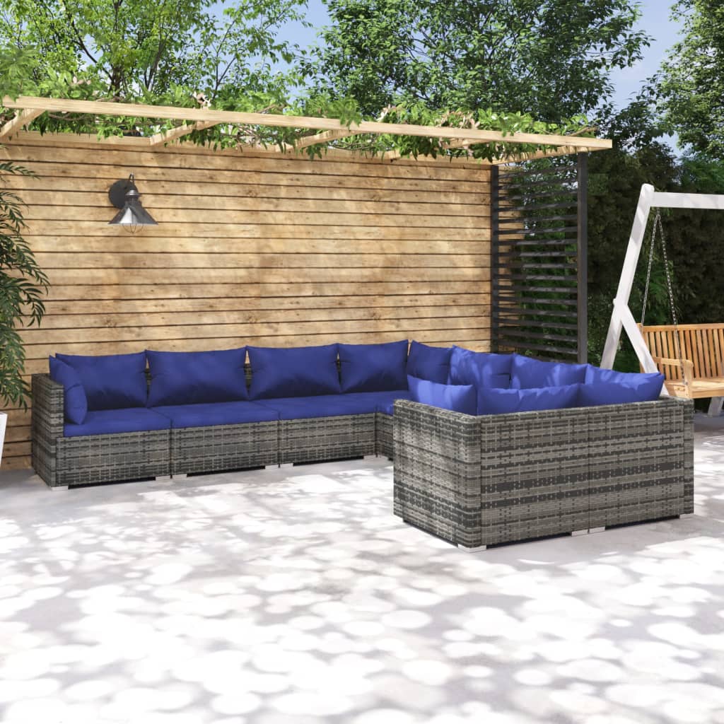 vidaXL 8-delige Loungeset met kussens poly rattan grijs