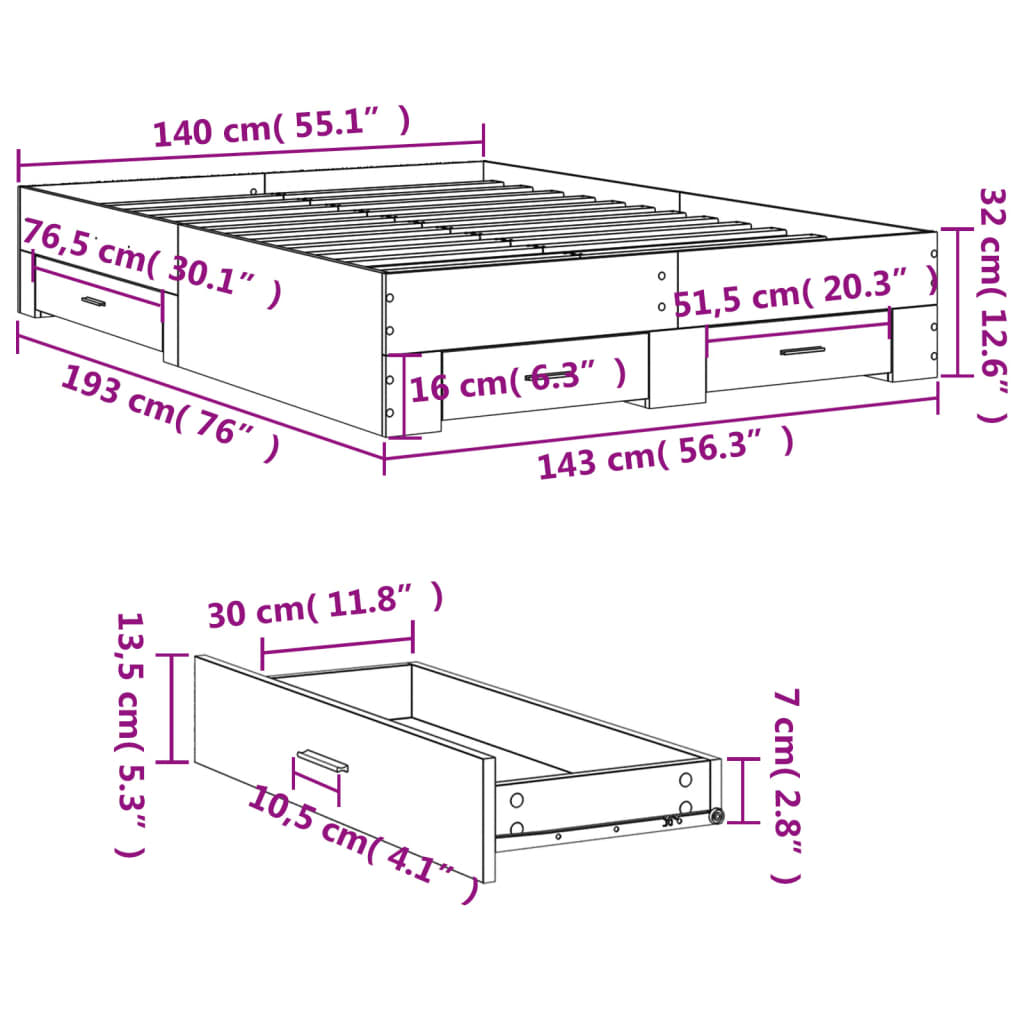 vidaXL Bedframe met lades bewerkt hout grijs sonoma eiken 140x190 cm