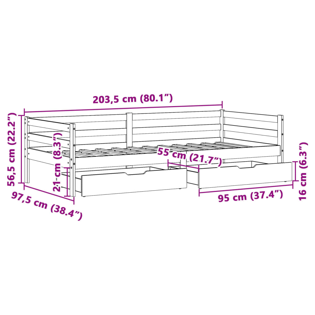 vidaXL Slaapbank met lades 90x200 cm massief grenenhout wit