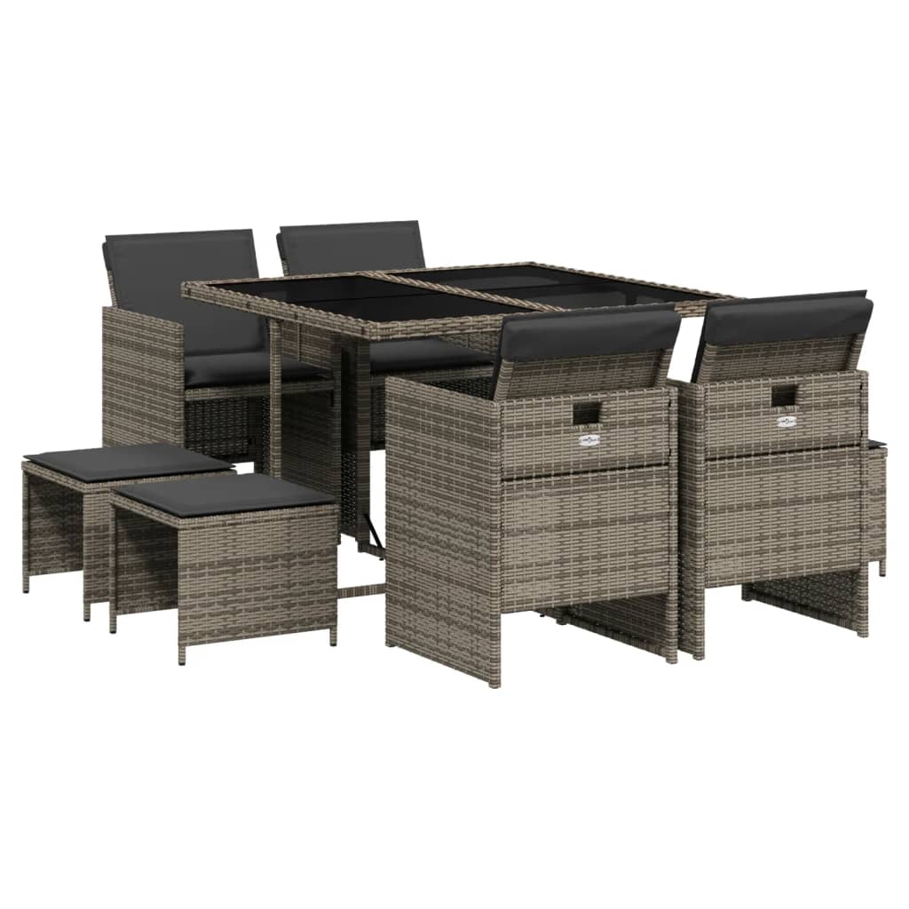 vidaXL 9-delige Tuinset met kussens poly rattan grijs