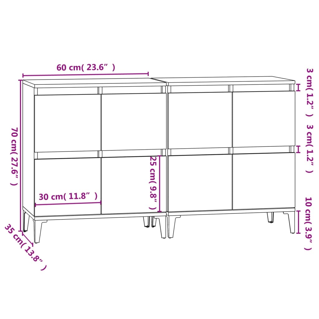 vidaXL Dressoirs 2 st 60x35x70 cm bewerkt hout grijs sonoma eikenkleur