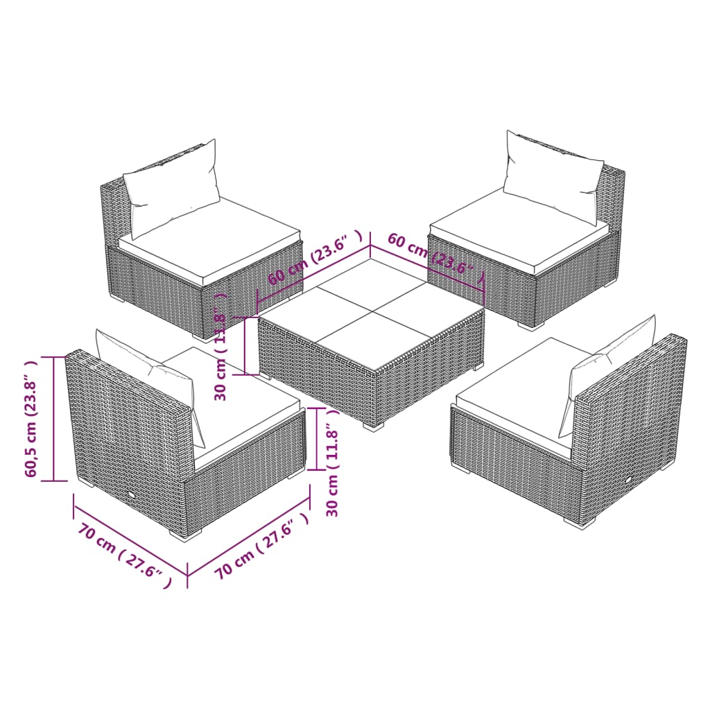 vidaXL 5-delige Loungeset met kussens poly rattan grijs