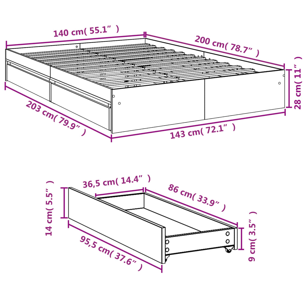 vidaXL Bedframe met lades bewerkt hout gerookt eikenkleurig 140x200 cm