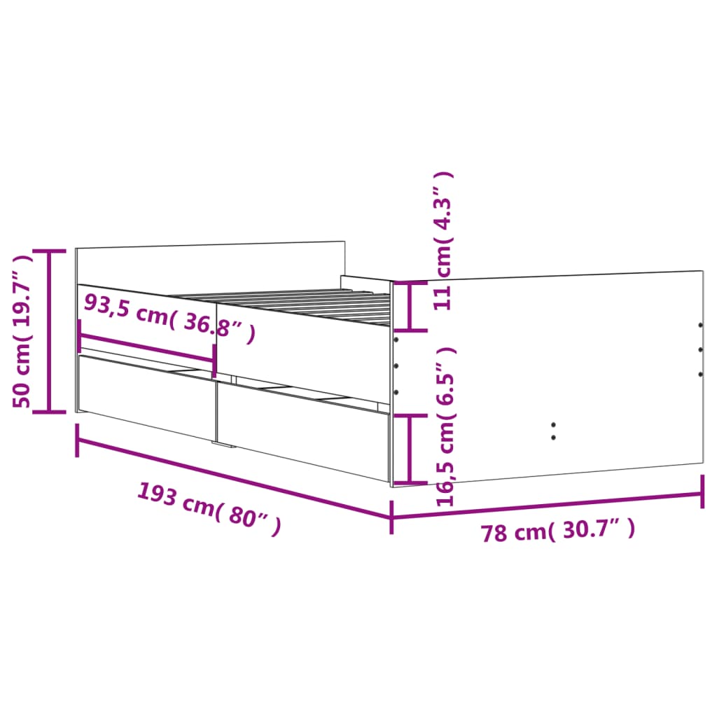 vidaXL Bedframe met lades bruin eikenkleur 75x190 cm Small Single