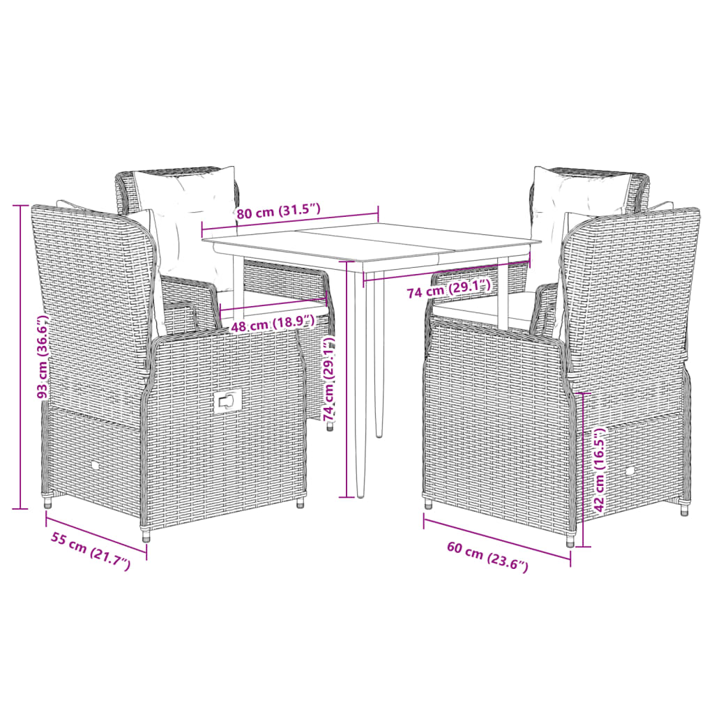 vidaXL 5-delige Tuinset met kussens poly rattan beige