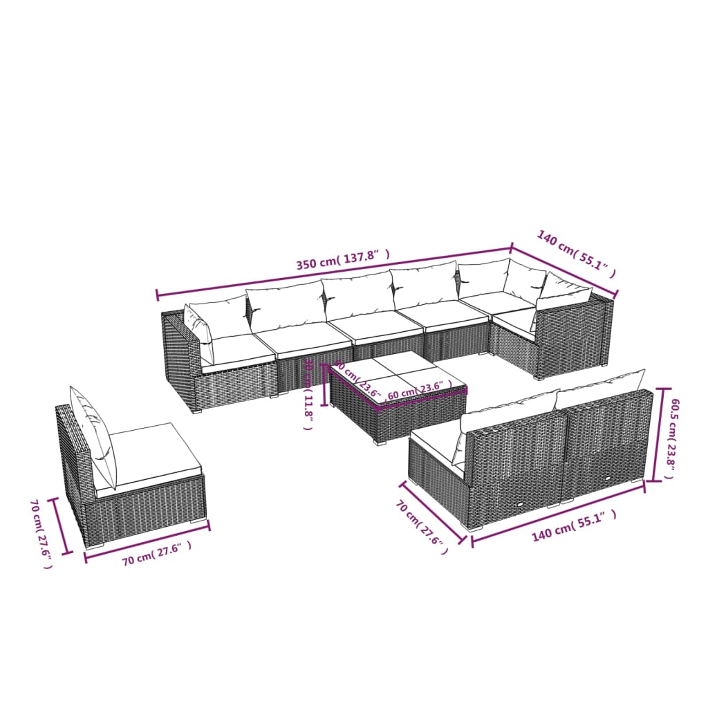 vidaXL 10-delige Loungeset met kussens poly rattan zwart