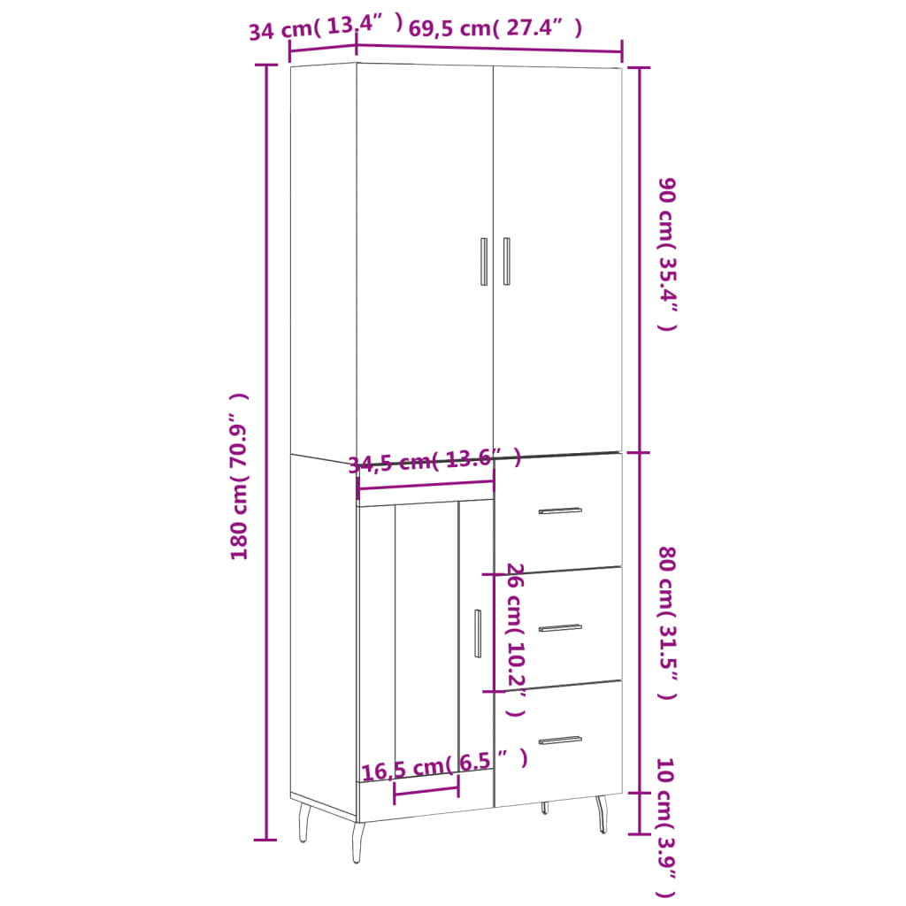 vidaXL Hoge kast 69,5x34x180 cm bewerkt hout gerookt eikenkleurig