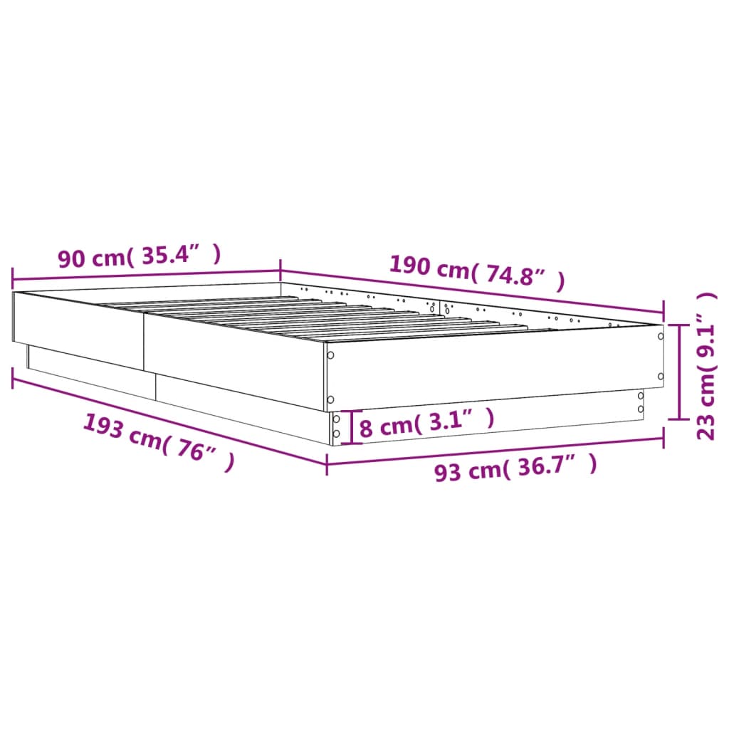 vidaXL Bedframe met LED-verlichting betongrijs 90x190 cm