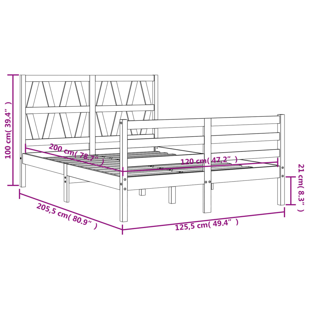 vidaXL Bedframe met hoofdbord massief hout zwart 120x200 cm