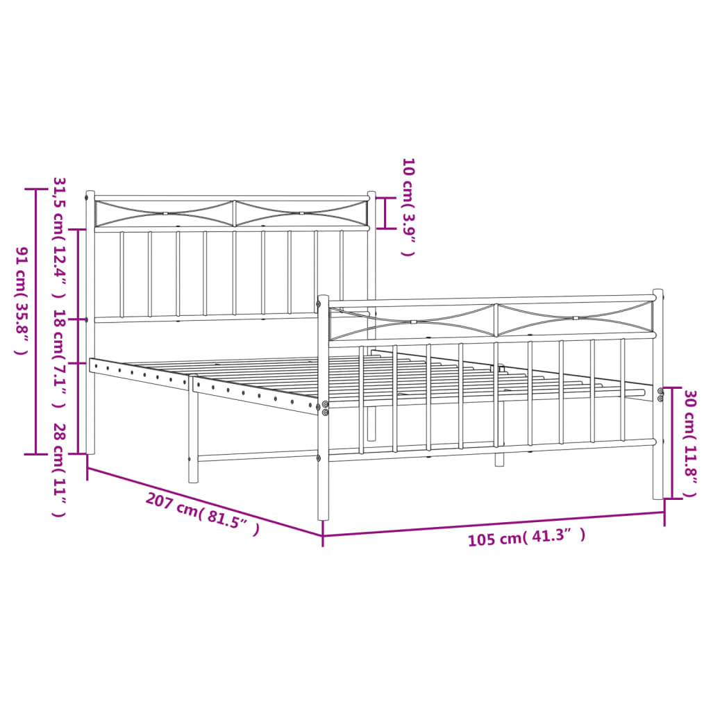 vidaXL Bedframe met hoofd- en voeteneinde metaal zwart 100x200 cm