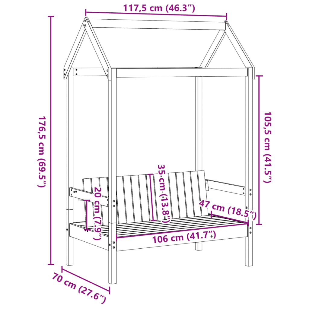 vidaXL Bank met dak 117,5x70x176,5 cm massief grenenhout wit