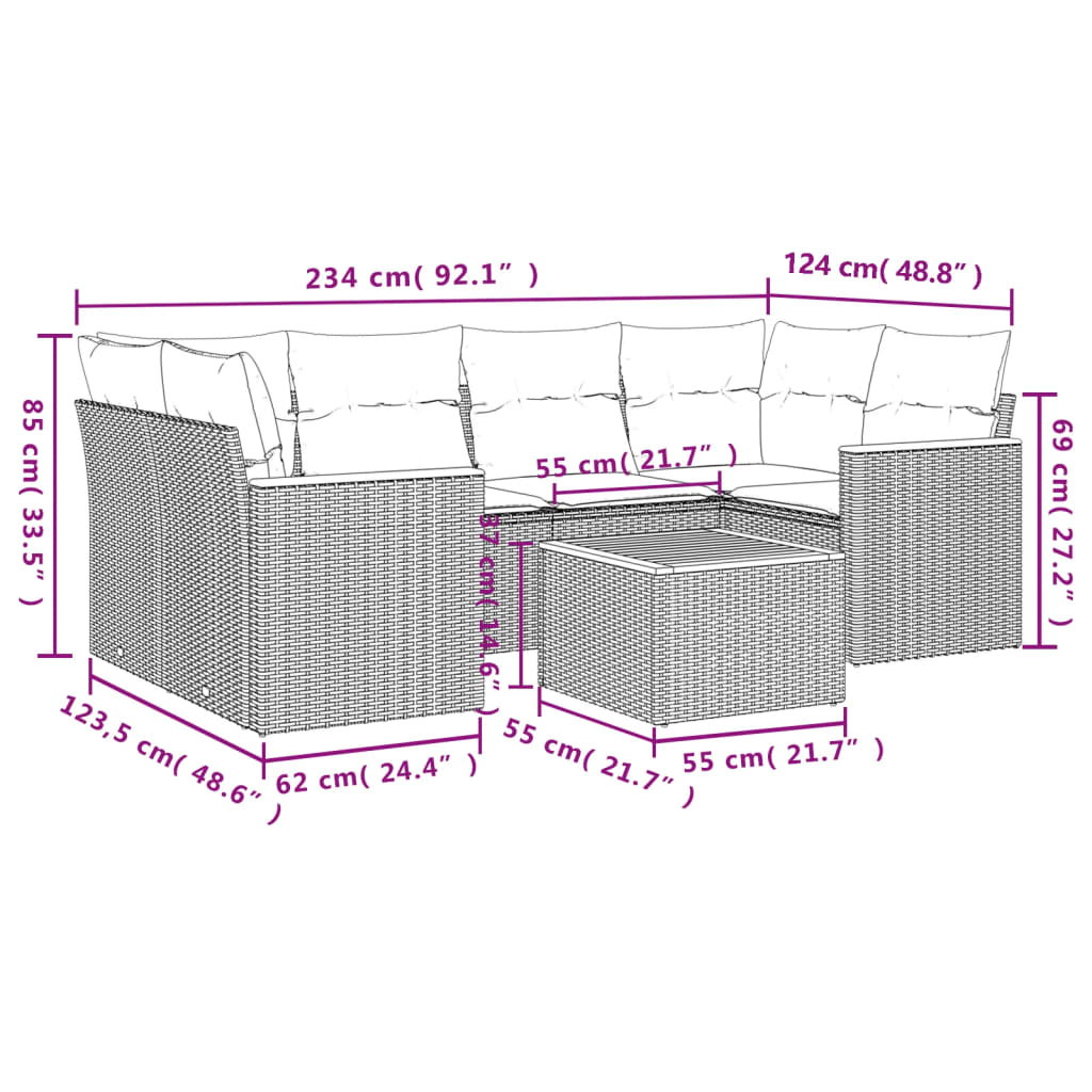 vidaXL 7-delige Loungeset met kussens poly rattan zwart